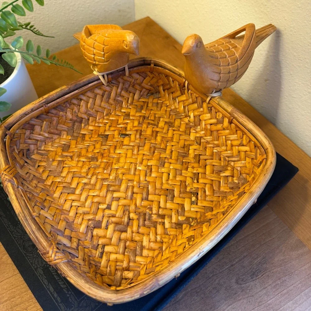 Vtg Splint Ash Square Basket Tray Hand Woven Carved Birds New England 9